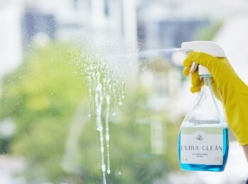 Hands, cleaning spray and bottle at windows for hygiene of bacteria, dust and germs. Closeup, house.